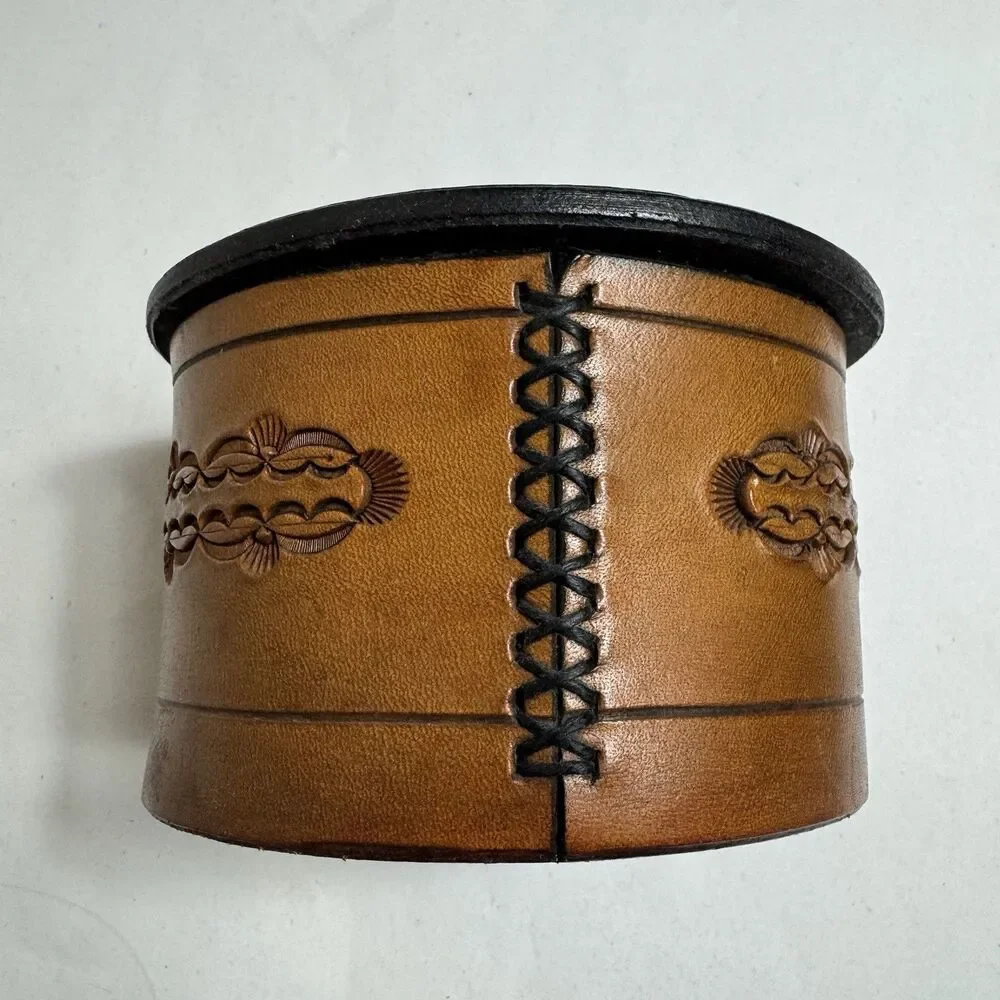 Vintage Leather Lidded Round Box Fur Lined 5 Inch Rare Trinket Jewelry Box